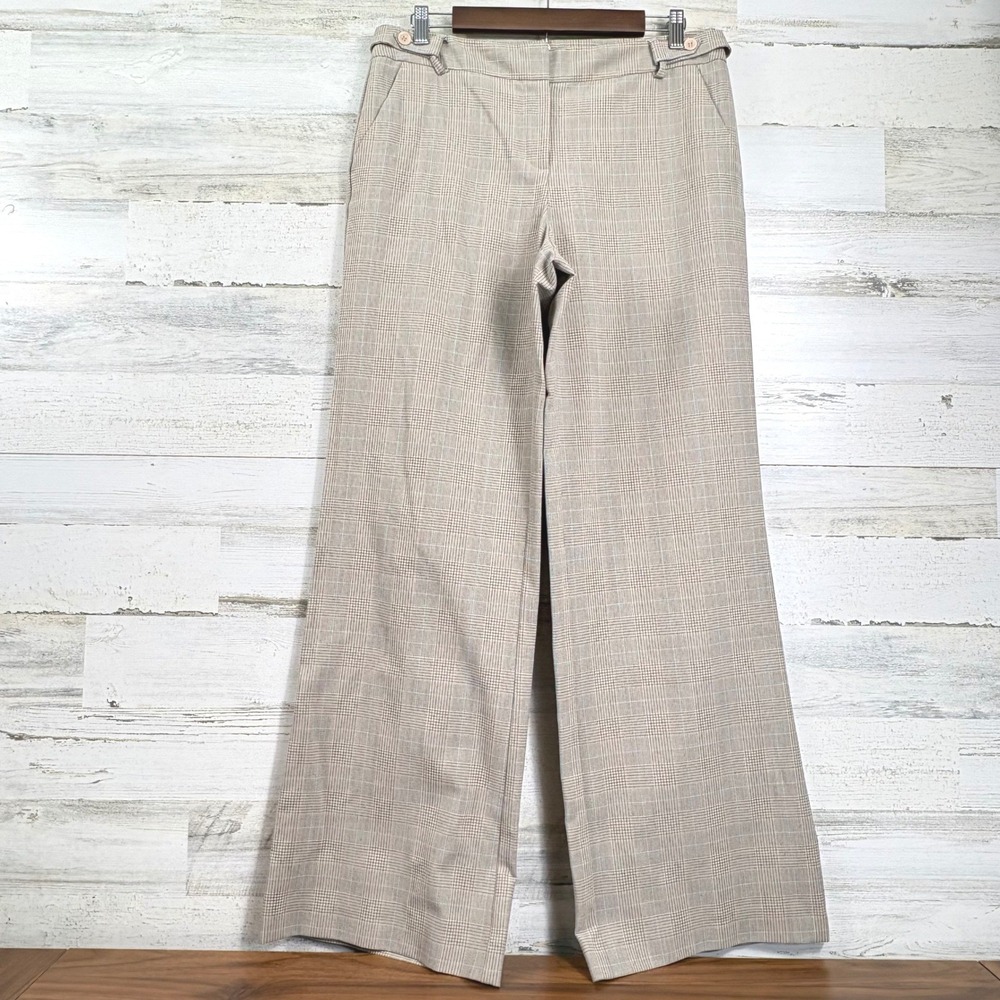 Liz Claiborne Sloane Plaid Wide Leg Trousers Tan Gray Blue Size 10 Preppy Office